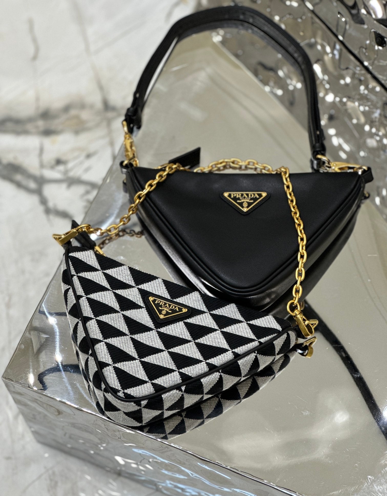 ＰＲＤＡ TRIANGLE-LOGO LEATHER AND JACQUARD SHOULDER BAG WHITE