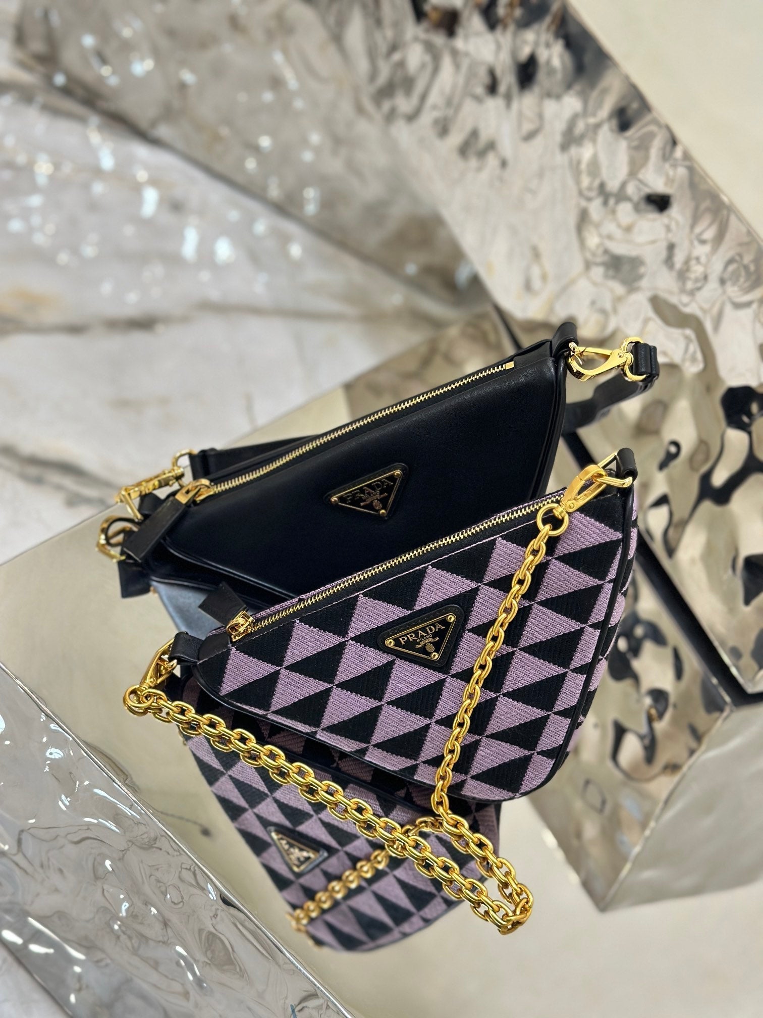 ＰＲＤＡ TRIANGLE-LOGO LEATHER AND JACQUARD SHOULDER BAG PURPLE