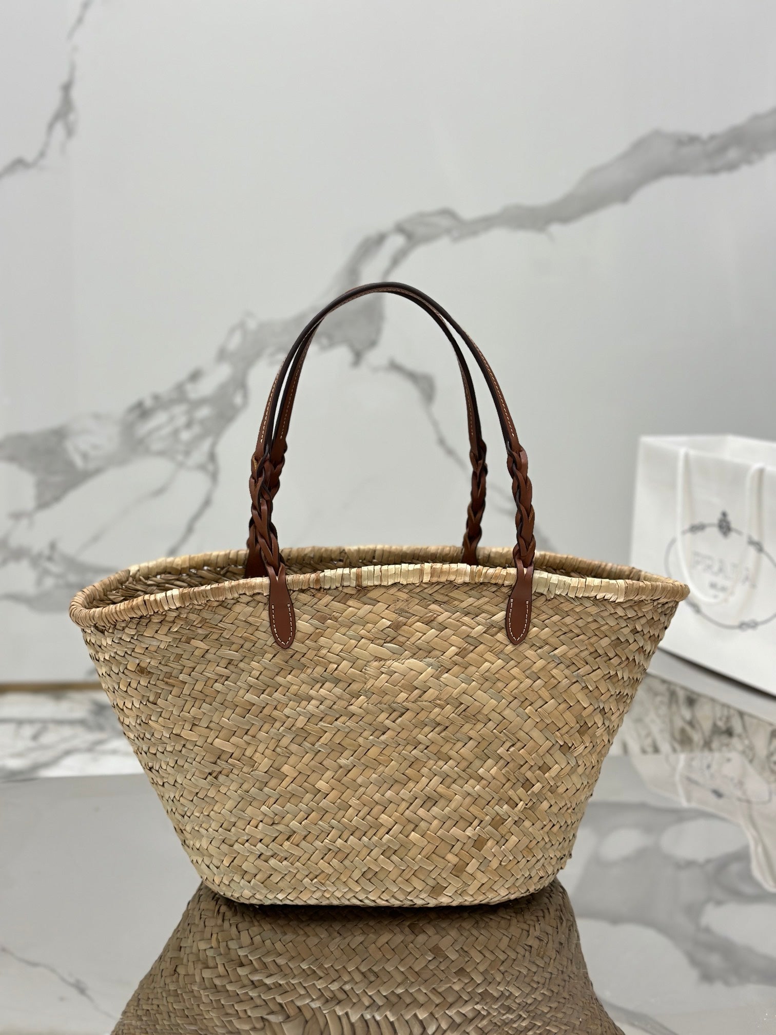 ＰＲＤＡ WOVEN PALM AND LEATHER TOTE BAG
