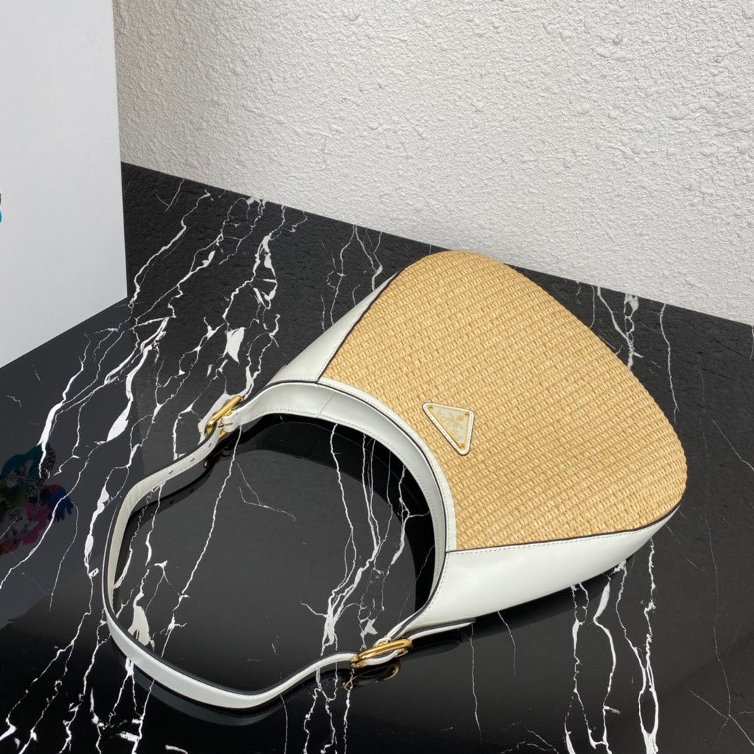 ＰＲＤＡ WOVEN TOTE WITH LEATHER ACCENTS WHITE