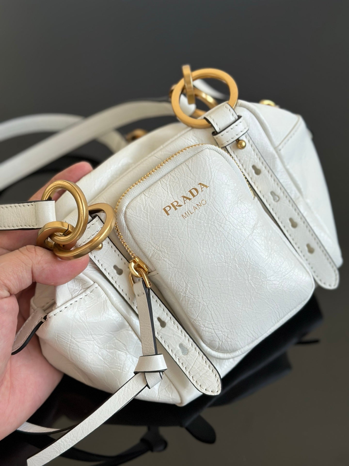 ＰＲＤＡ DANGLE LEATHER TOP-HANDLE MINI-BAG WHITE