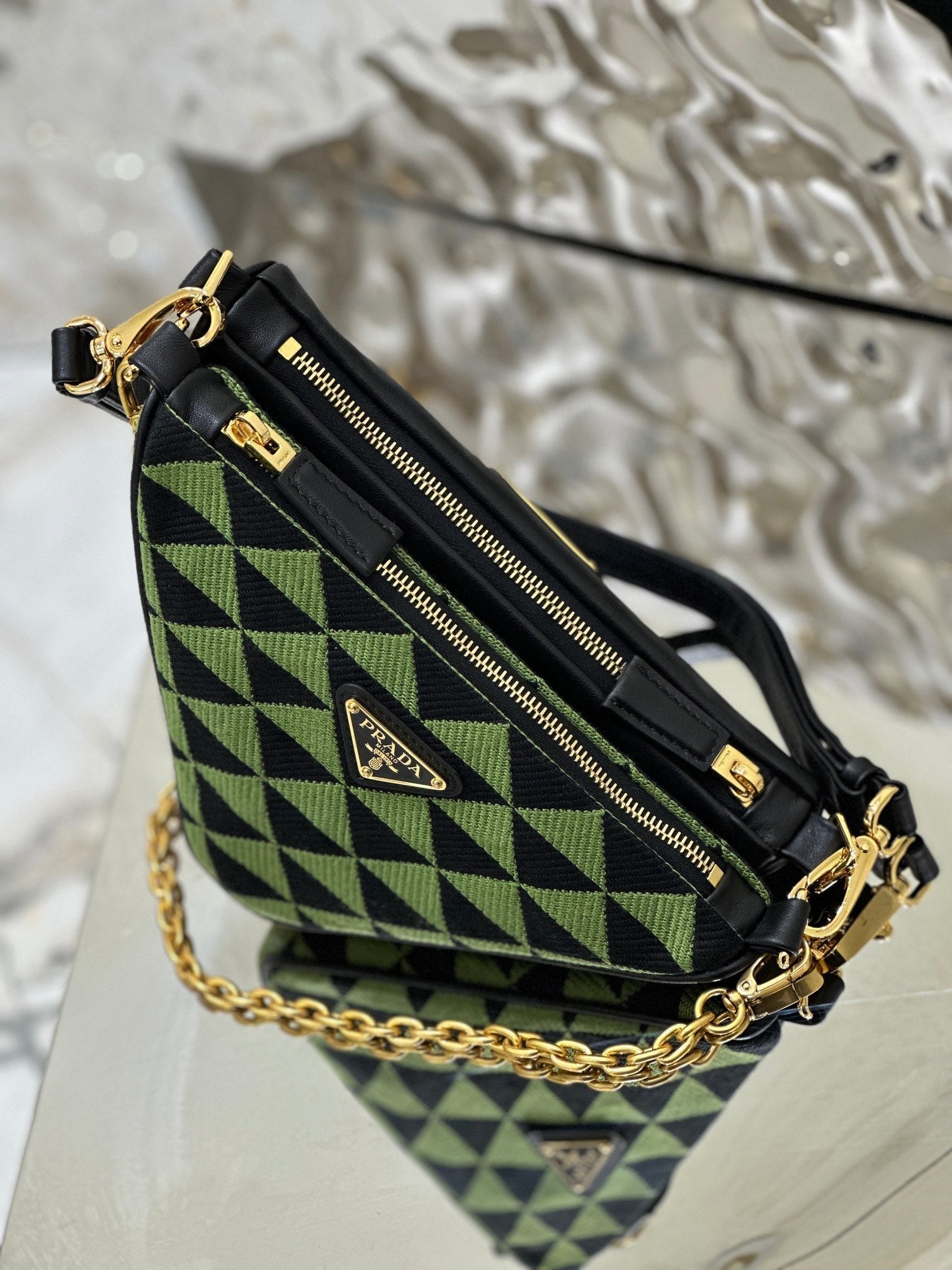ＰＲＤＡ TRIANGLE-LOGO LEATHER AND JACQUARD SHOULDER BAG GREEN