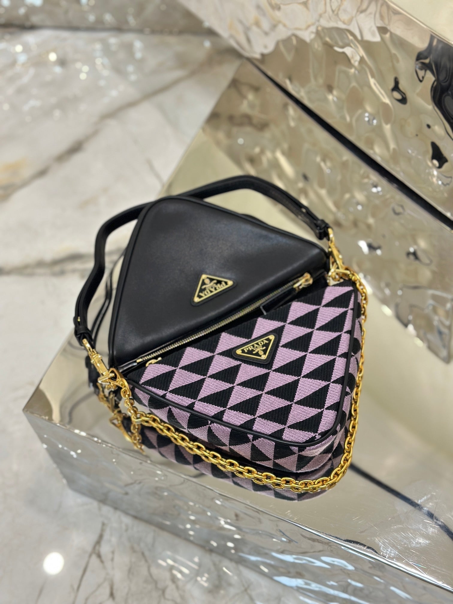 ＰＲＤＡ TRIANGLE-LOGO LEATHER AND JACQUARD SHOULDER BAG PURPLE