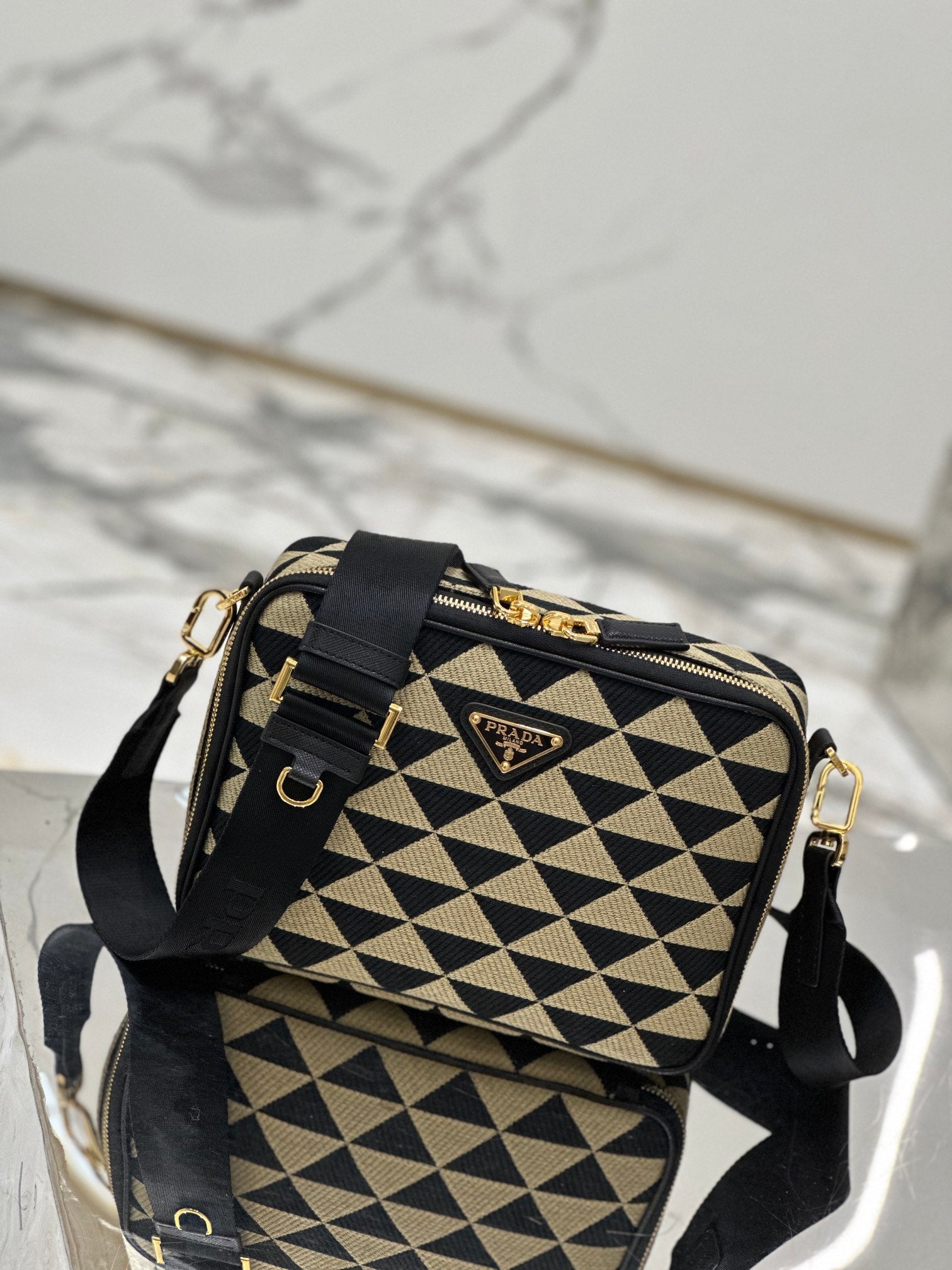 ＰＲＤＡ SYMBOLE EMBROIDERED FABRIC BAG BLACK/BEIGE