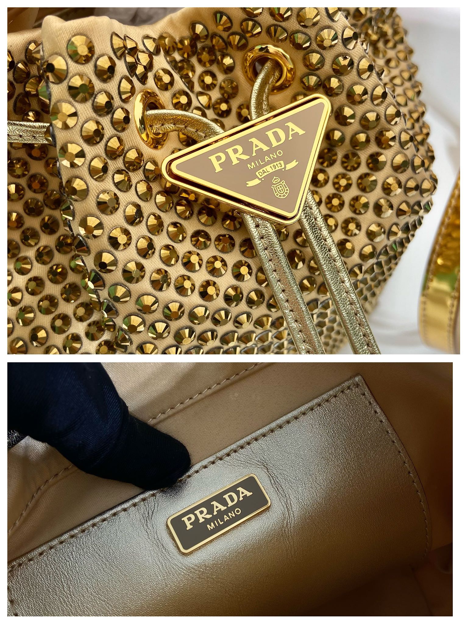ＰＲＤＡ SATIN BAG WITH CRYSTALS GOLD