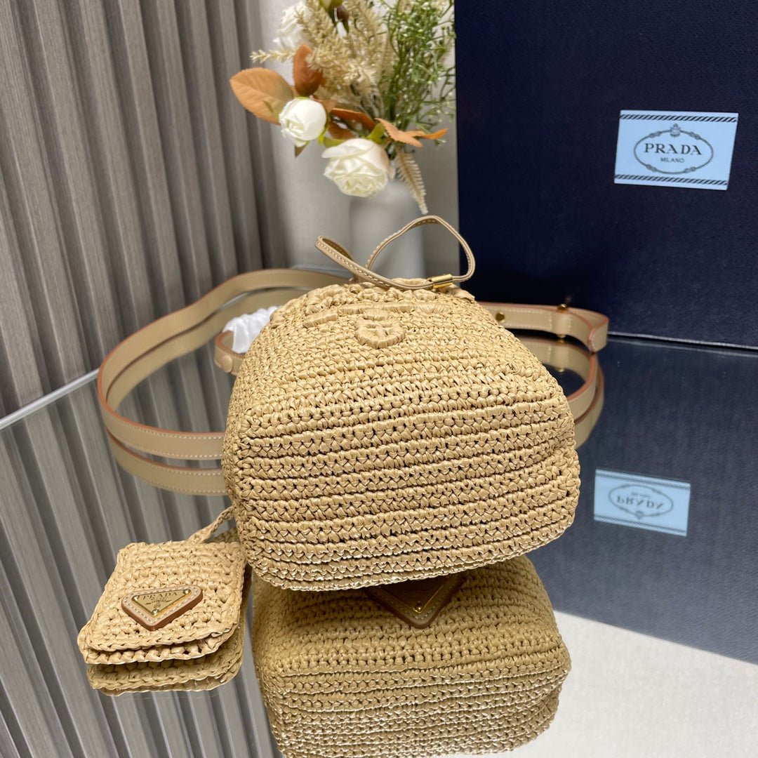 ＰＲＤＡ CROCHET AND LEATHER MINI-BUCKET BAG