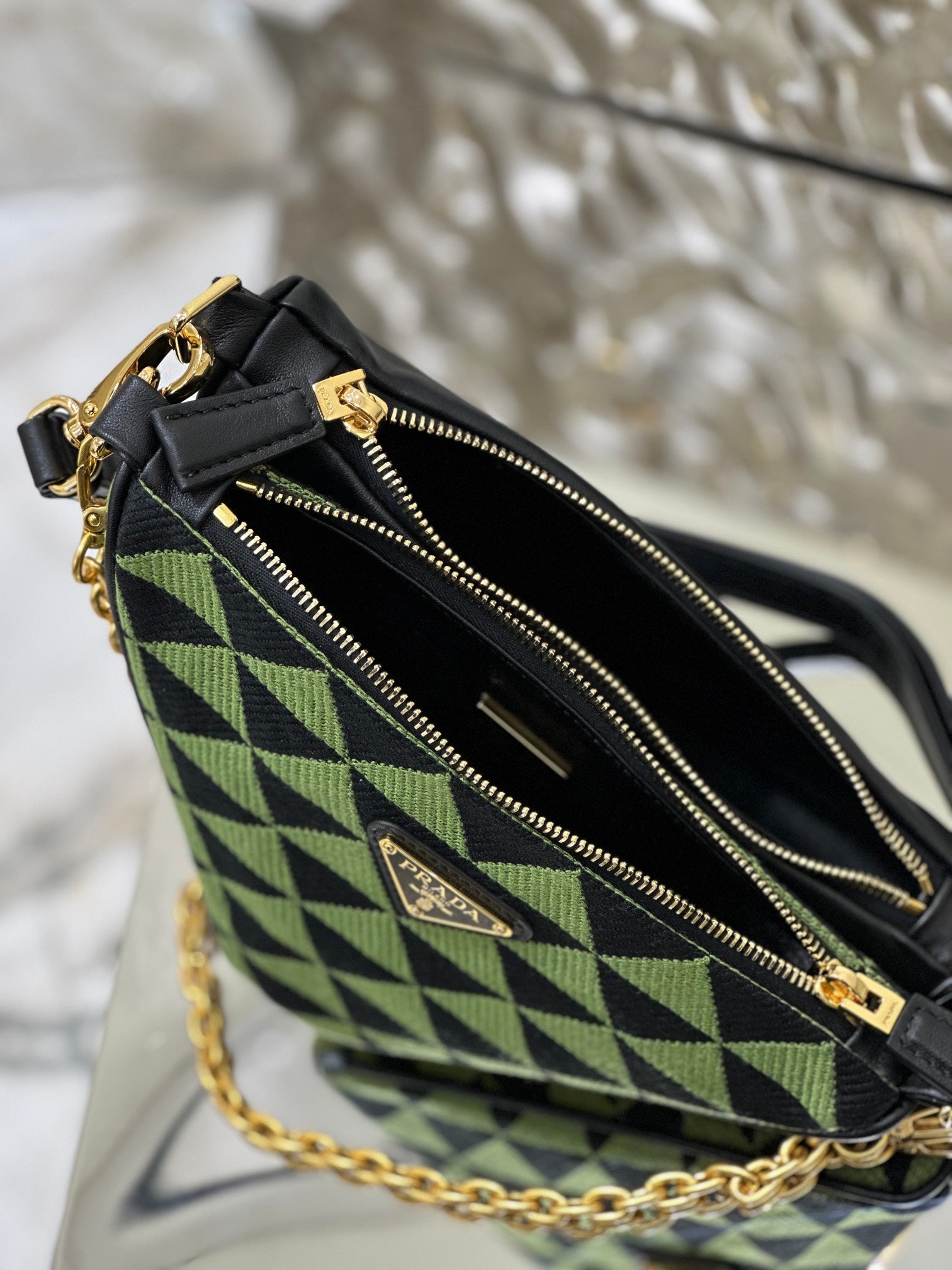 ＰＲＤＡ TRIANGLE-LOGO LEATHER AND JACQUARD SHOULDER BAG GREEN
