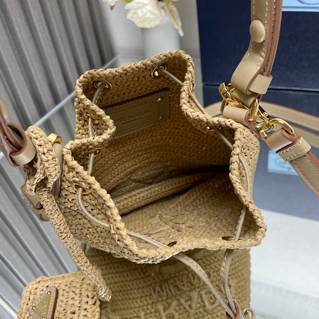 ＰＲＤＡ CROCHET AND LEATHER MINI-BUCKET BAG